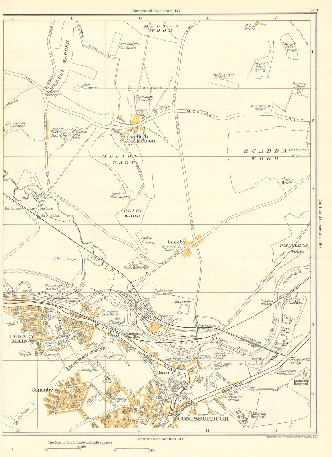 CONISBOROUGH Denaby Main Conanby Spotbrough Cadeby High Melton 1935 old map